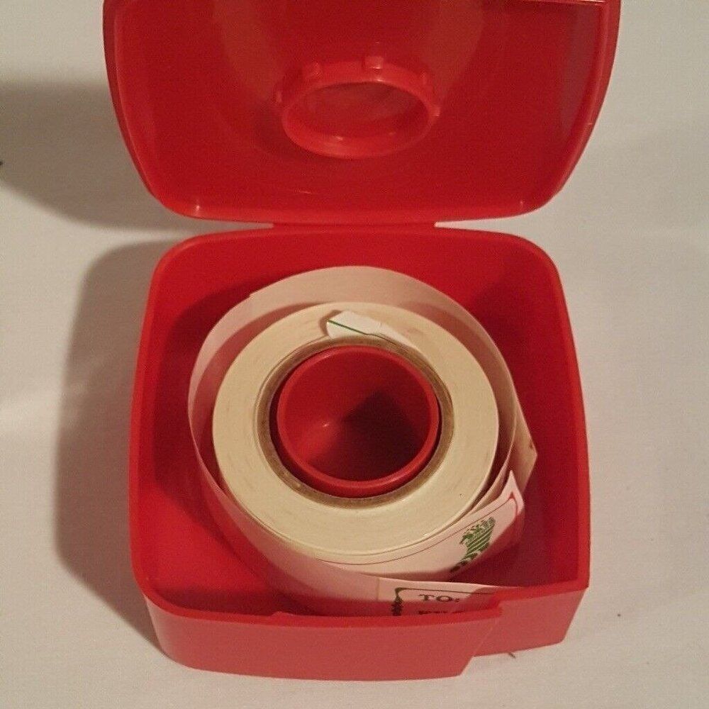 Vintage Tupperware Red Label Dispenser Christmas Tag Sticker Food Date Roll Tags